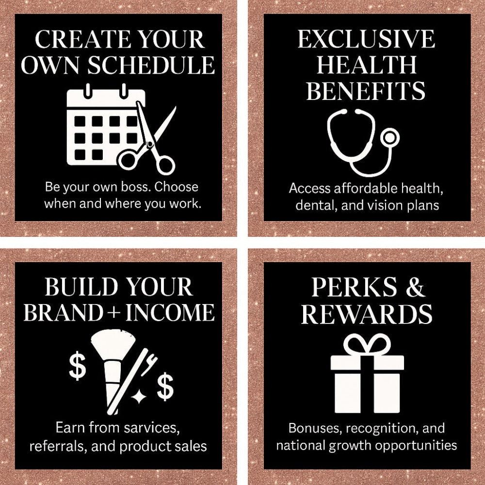 Four black square cards with white text and icons on a brown background, promoting various business opportunities.